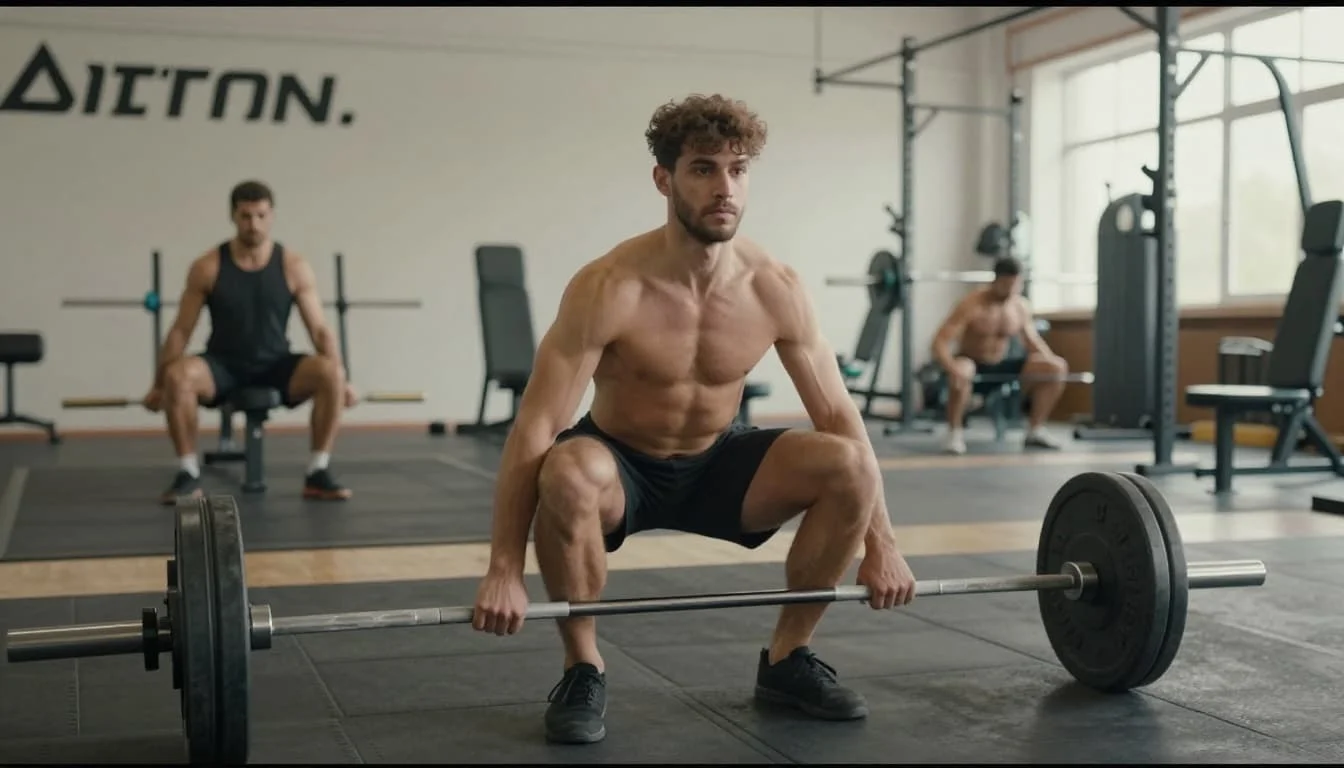 Πόση Πρωτεΐνη Χρειάζεσαι Κάθε Μέρα: Πρακτικός Οδηγός για Αρχάριους 2 A beginner in a clean gym performs a barbell squat with correct technique, side profile view, natural light, realistic landscape orientation.
