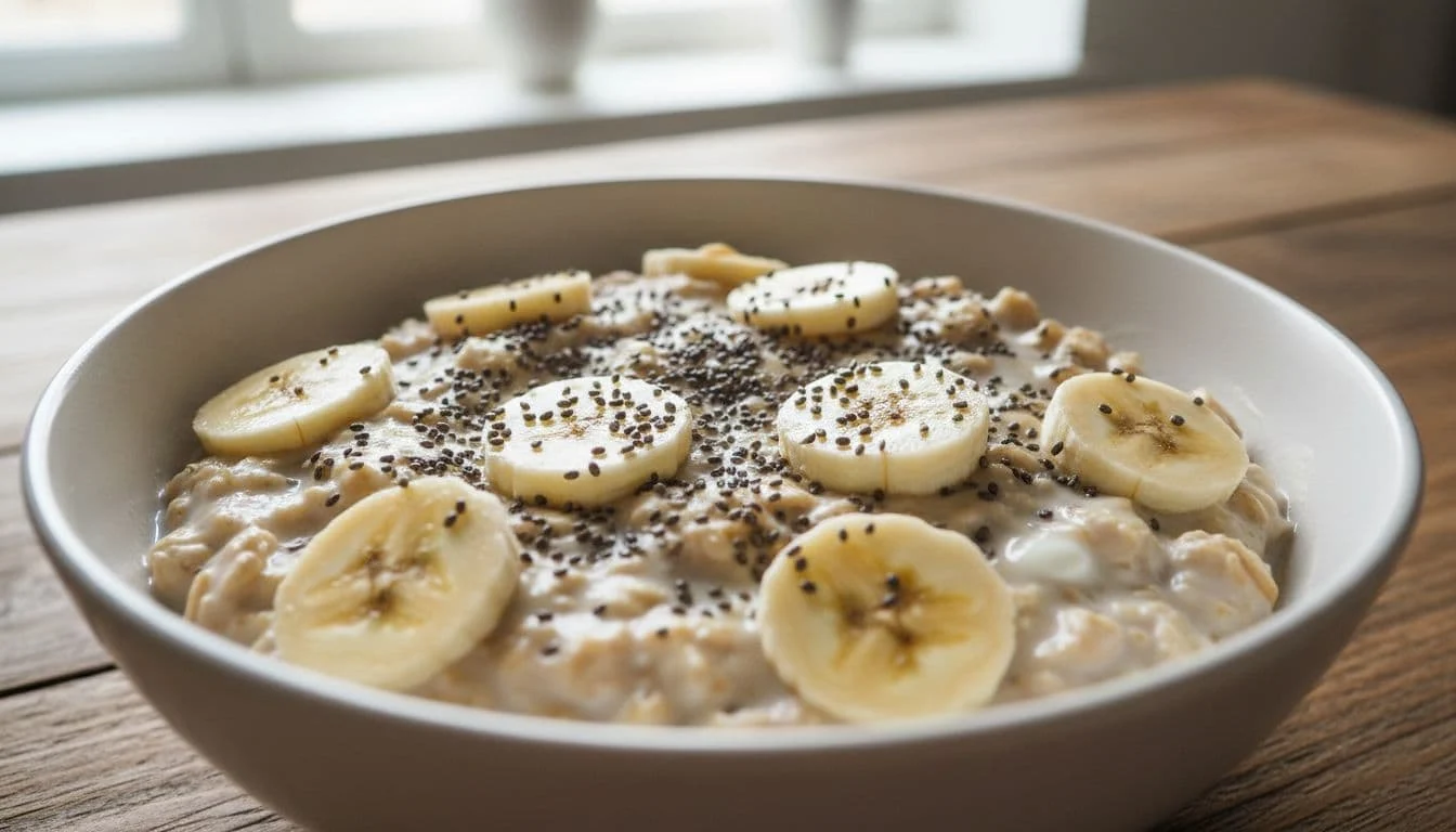 Εύκολες Συνταγές με Βρώμη και 3 Υλικά για Άδειο Ντουλάπι 1 Close-up bowl of creamy overnight oats made with oats, Greek yogurt, sliced banana, and topped with chia seeds on a wooden table, photorealistic high detail.