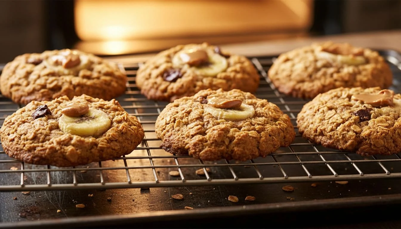 Εύκολες Συνταγές με Βρώμη και 3 Υλικά για Άδειο Ντουλάπι 3 Freshly baked oat protein cookies on a cooling rack, featuring visible oats, banana, and peanut butter chunks, with a rustic baking tray nearby under warm oven light. Close-up side view of exactly six cookies with detailed photorealistic textures.