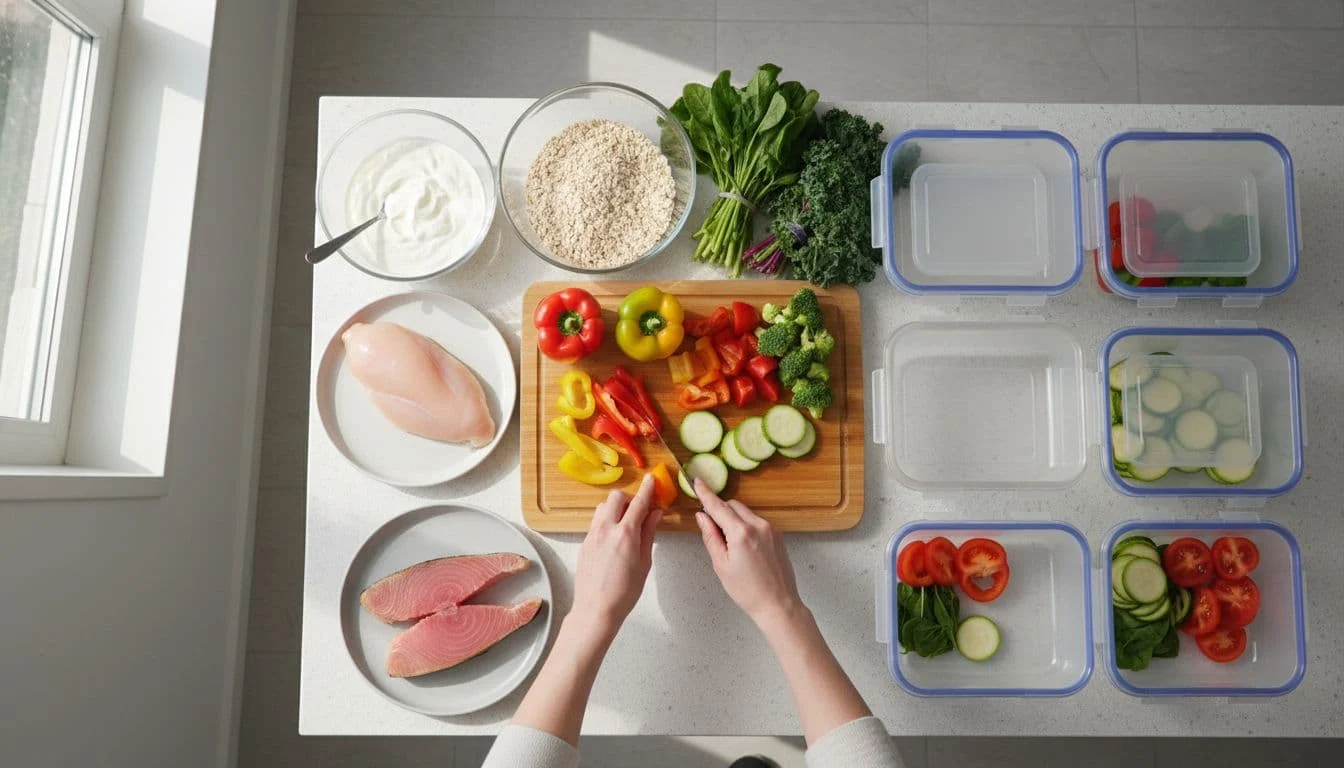 Πρωτεϊνικά Γεύματα Για Αρχάριους: Εύκολες Συνταγές, Meal Prep Και Πλάνο Εβδομάδας 1 Top-down view of organized fresh ingredients including chicken, tuna, oats, yogurt, vegetables, and Tupperware containers on a modern kitchen counter with natural light and hands chopping veggies.
