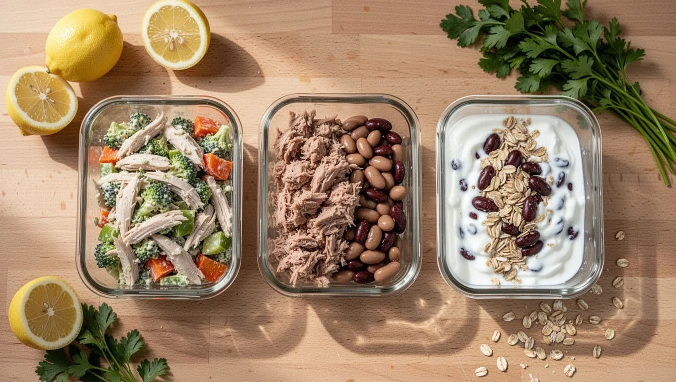 Πρωτεϊνικές Συνταγές 10-20 Λεπτών: 15 Εύκολα Γεύματα Για Αρχάριους 1 Top-down view of three glass meal prep containers with high-protein meals: chicken salad and veggies, tuna and beans, yogurt parfait and oats, on a wooden counter with fresh ingredients like lemon and herbs.