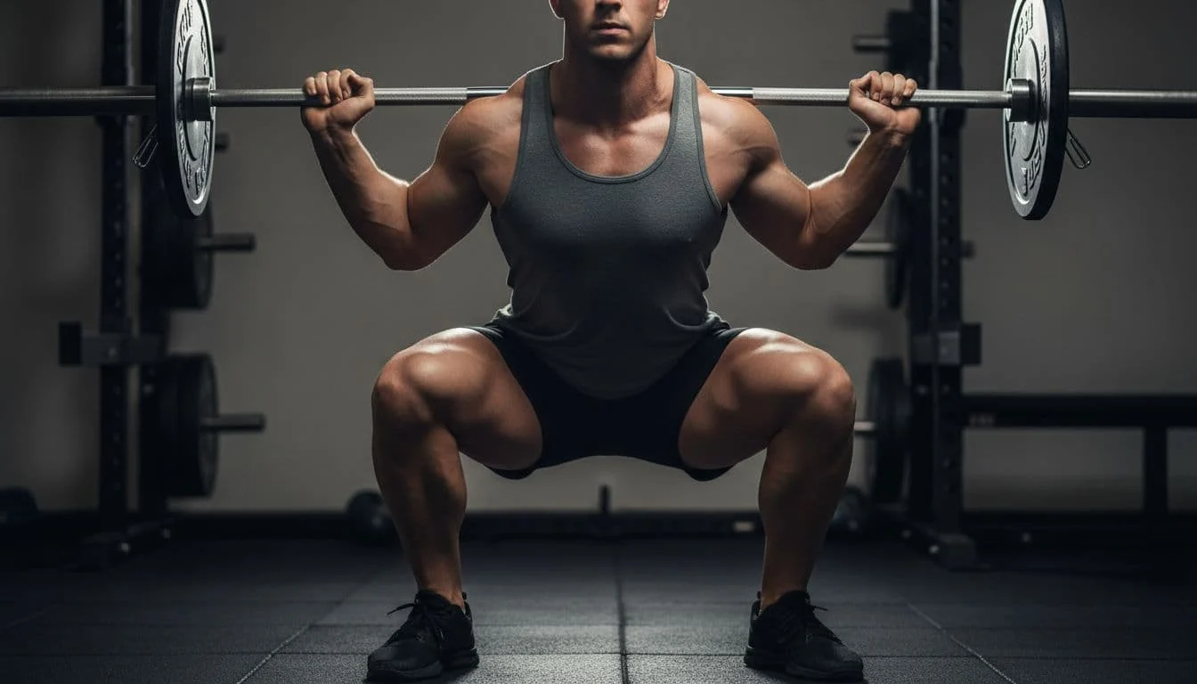 4ήμερο Πρόγραμμα Γυμναστηρίου για Αρχάριους: Προπόνηση και Διατροφή 2 A fit person performs barbell squats in a gym from a front view, emphasizing leg muscles and correct form with minimal background and dynamic lighting.