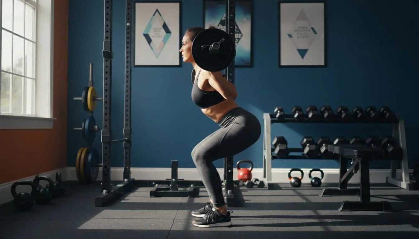 Υδατάνθρακες Πριν το Γυμναστήριο: Ο Σωστός Τρόπος για Καλύτερη Απόδοση 3 Side view of a person performing barbell squats in a home gym, focusing on proper technique with straight back and knees tracking toes in a motivational environment.