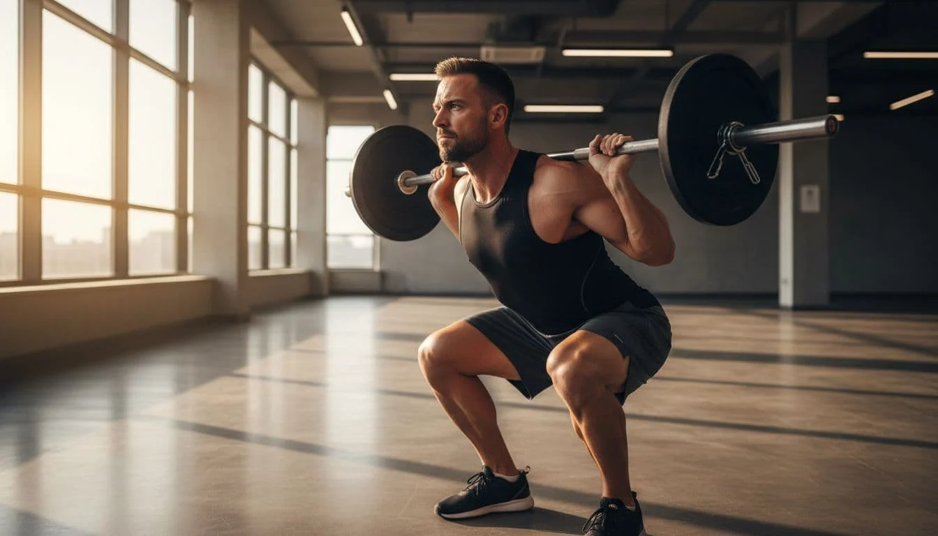 Προπόνηση Νηστικός το Πρωί: Πότε Βοηθάει και Πότε Όχι 1 A fit athletic man in his 30s performs intense barbell squats in a modern empty gym at early morning dawn, bathed in soft natural light from large windows, with sweat on his forehead and focused expression.