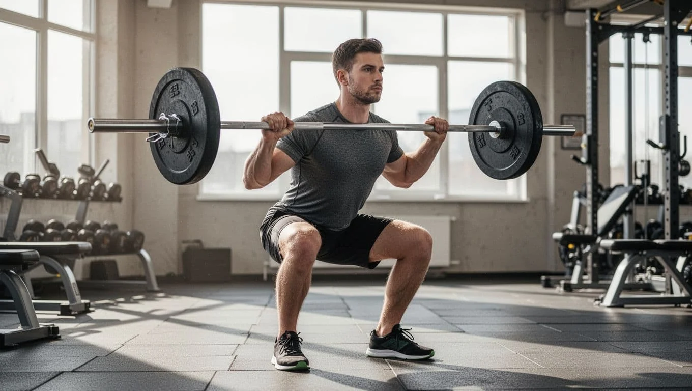 Κέικ πορτοκαλιού με cottage για χορταστικό πρωινό μετά την προπόνηση 2 Side view of beginner athlete doing barbell squat with straight back and shoulder-width feet in bright gym.