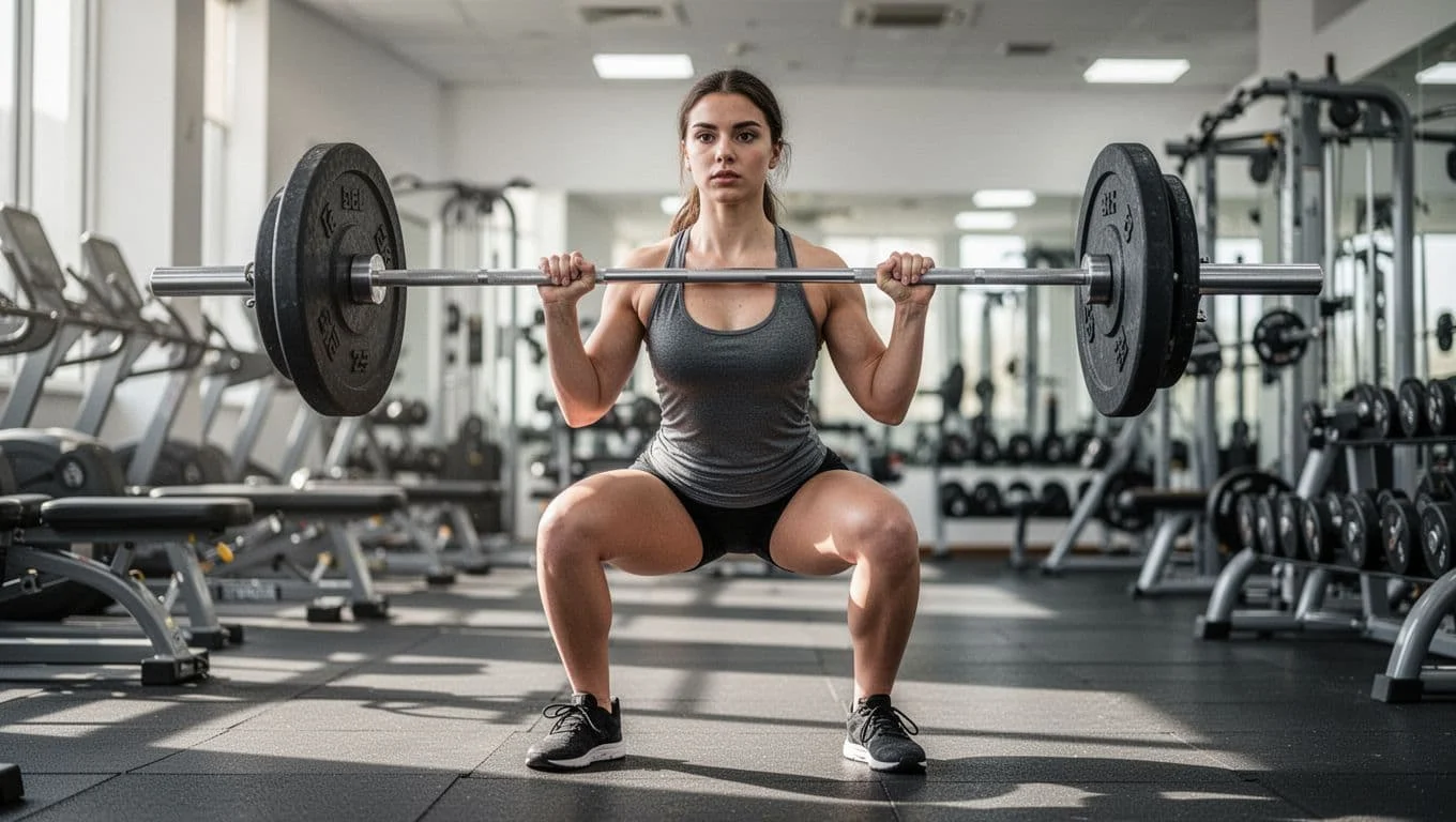Full Body Πρόγραμμα για Αρχάριους: Προπόνηση και Διατροφή 1 Full body side view of a single beginner performing barbell squats with perfect form in a clean gym, emphasizing straight back and knees tracking over toes, blurred modern equipment background.