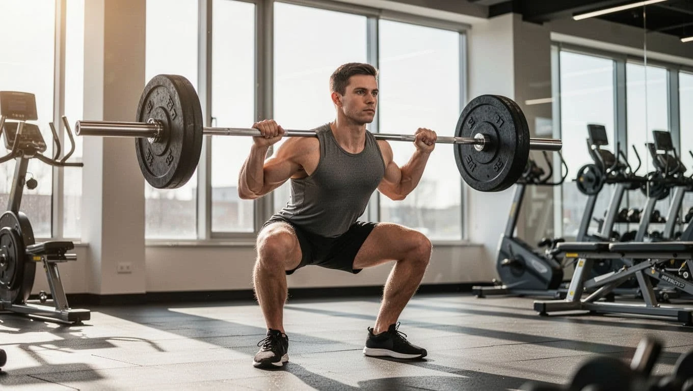 Πρόγραμμα Γυμναστηρίου για Αρχάριους: Full Body και Πρακτική Διατροφή 1 A fit beginner athlete performs barbell squats with ideal form in a bright modern gym, side view emphasizing straight back, knees over toes, and firm bar grip during a full body workout.