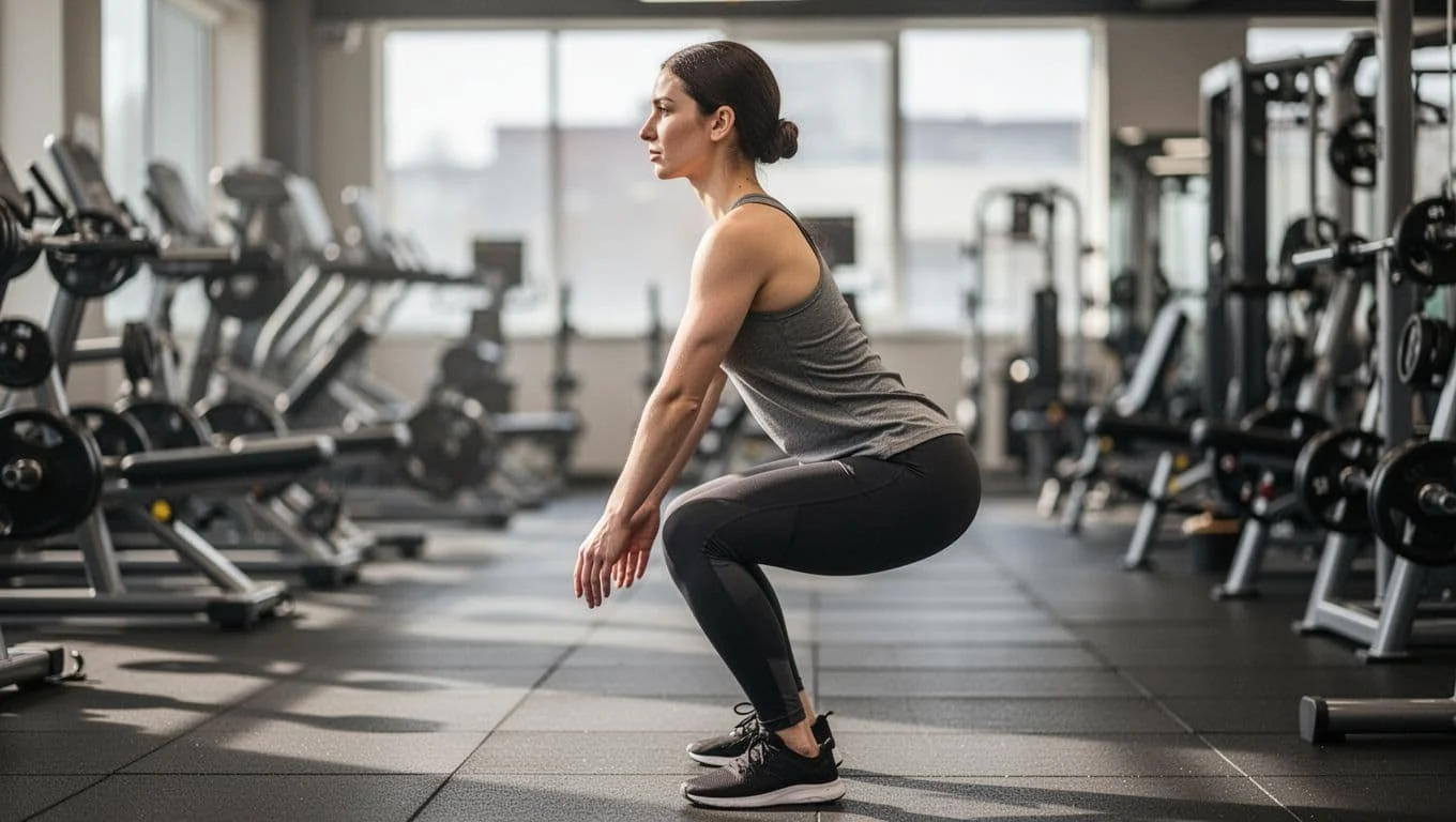 Πρωτεϊνικά Γεύματα Χωρίς Γλουτένη για Αρχάριους 4 Full body side view of a beginner performing bodyweight squats with correct form in a gym, wearing simple workout clothes, blurred equipment background, natural lighting, motivational realistic style.