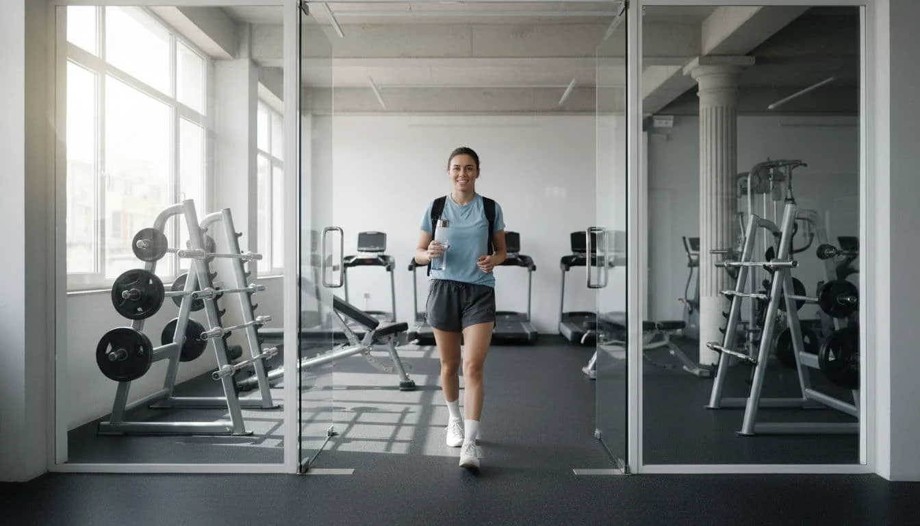 Τι να Κάνεις την Πρώτη Μέρα στο Γυμναστήριο 1 A single beginner enters a modern gym on their first day, dressed in simple t-shirt and shorts, carrying a water bottle, with an excited yet cautious expression, surrounded by basic equipment like barbells and benches under natural indoor lighting.