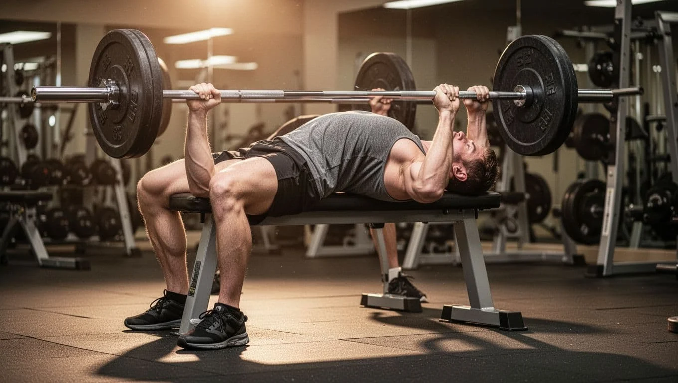 Πρόγραμμα Γυμναστηρίου για Αρχάριους: Full Body και Πρακτική Διατροφή 2 A beginner in a gym performs a bench press with correct form: arched back, feet planted, bar lowered to chest, elbows at 45 degrees, focusing on chest, shoulders, and triceps in a blurred gym background.