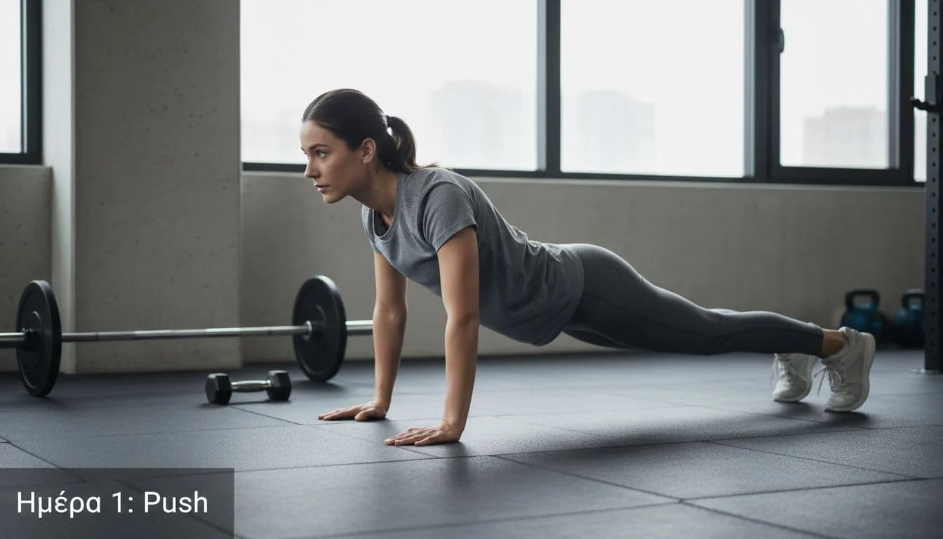4ήμερο Πρόγραμμα Γυμναστηρίου για Αρχάριους: Προπόνηση και Διατροφή 1 Side view of a beginner athlete performing push-ups with correct full body form in a modern gym, simple setting with nearby weights and natural lighting.