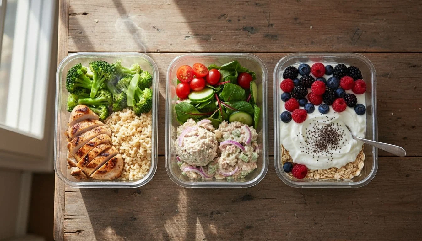 Mounjaro vs Ozempic: τι αλλάζει σε γράμμωση, διατροφή και προπόνηση 1 Realistic top-view photo of three meal prep containers on a wooden table: grilled chicken breast with steamed broccoli and brown rice, tuna salad with mixed greens cherry tomatoes and cucumber, and Greek yogurt parfait layered with oats berries and chia seeds, under natural daylight.