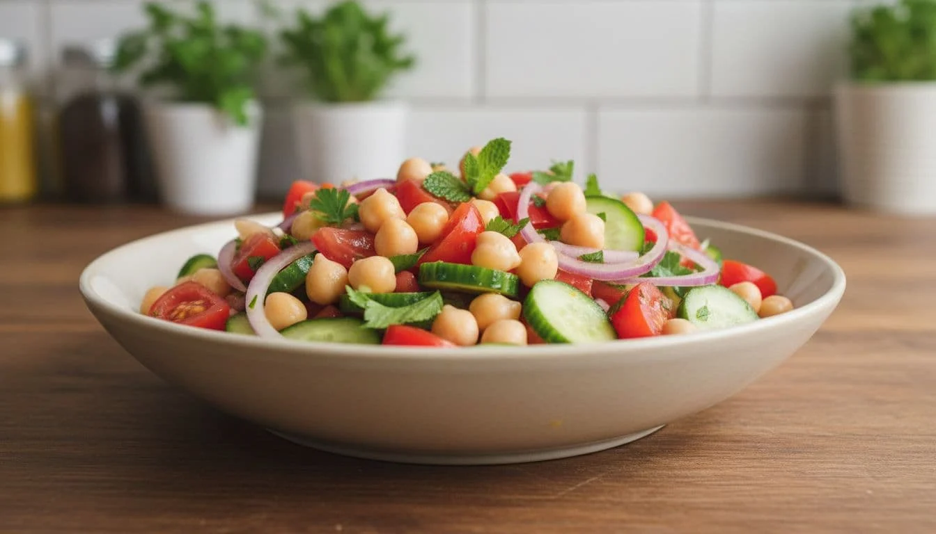 Εύκολες Νηστίσιμες Συνταγές Πρωτεΐνης για Καθημερινή Γράμμωση 2 Vibrant bowl of high-protein chickpea salad with tomatoes, cucumbers, onions, olive oil dressing, and fresh herbs, side view on kitchen counter in soft natural light.