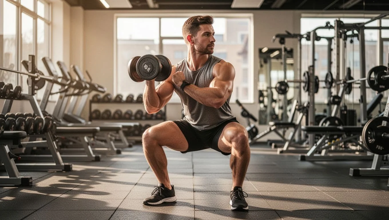 3ήμερο Πρόγραμμα Γυμναστηρίου: Full Body και Push Pull Legs για Αποτελέσματα 1 Ένας αθλητής εκτελεί καθίσματα με αλτήρα σε φωτεινό γυμναστήριο με σωστή τεχνική, γόνατα προς τα έξω και πλάτη ίσια, πλήρης πλάγια προβολή σώματος.