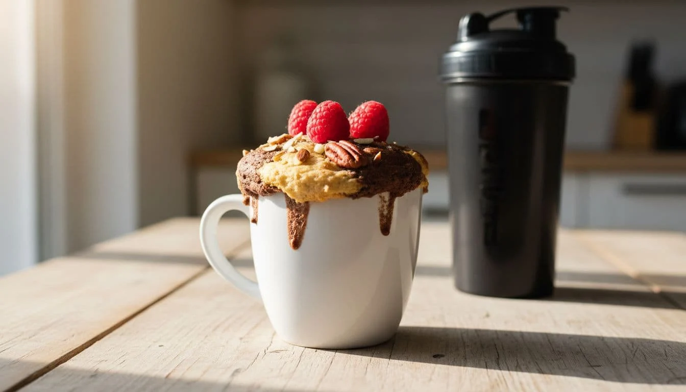 Πρωτεϊνικό Mug Cake Χωρίς Ζάχαρη για Γράμμωση και Γρήγορο Snack 1 Fluffy protein mug cake in white ceramic mug topped with raspberries and nuts, next to protein shaker on wooden table.
