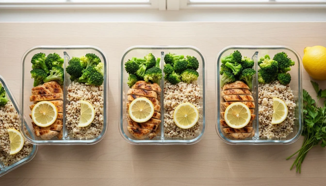 Πρωτεϊνικά Γεύματα Χωρίς Γλουτένη για Αρχάριους 2 Three meal prep containers featuring grilled chicken breast, steamed broccoli, and gluten-free quinoa, topped with fresh lemon slices, arranged neatly from a top-down view in vibrant, appetizing style.