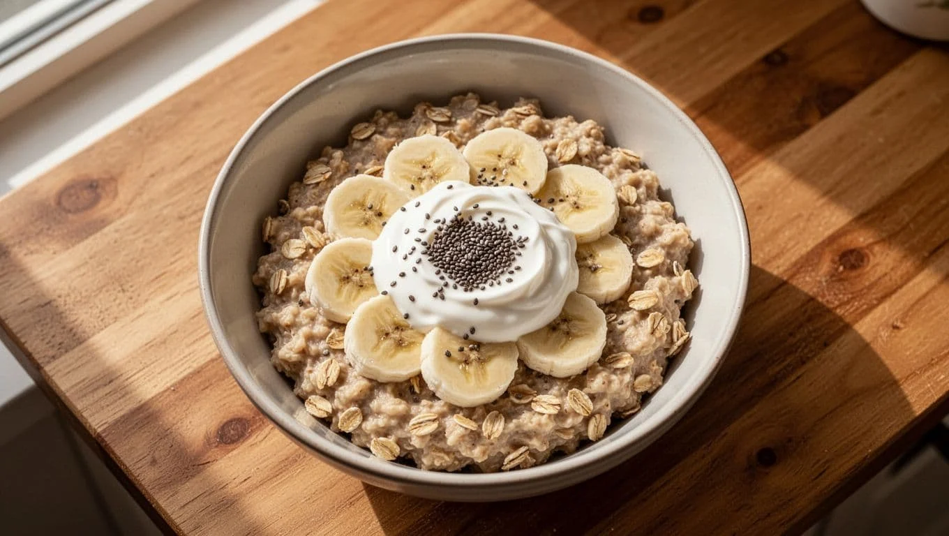 Πρωτεϊνικά Γεύματα Χωρίς Γλουτένη για Αρχάριους 1 A single bowl of gluten-free oatmeal breakfast topped with sliced bananas, chia seeds, and a dollop of protein yogurt on a wooden kitchen table, illuminated by soft morning sunlight in a close-up top-down view.