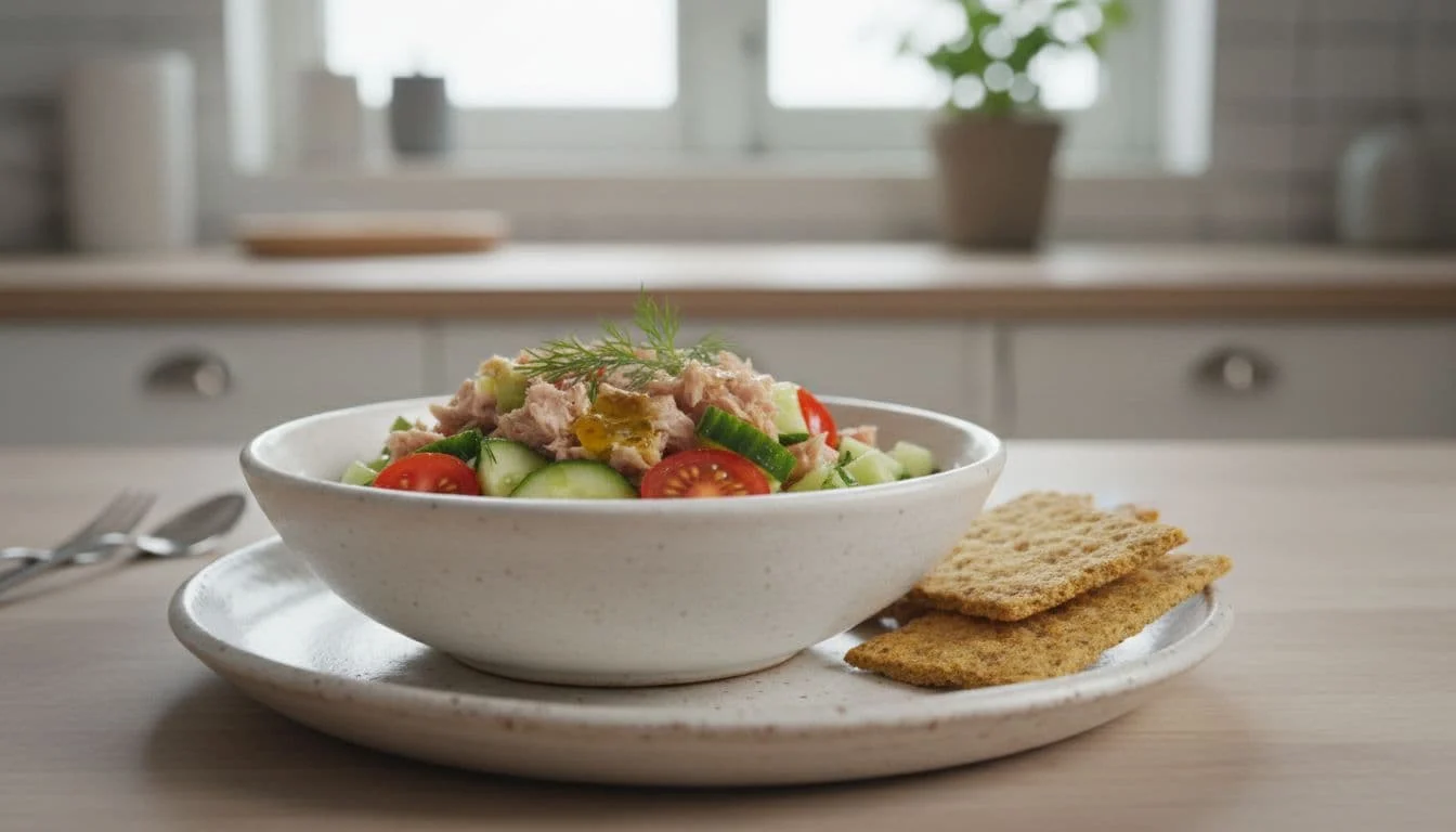 Πρωτεϊνικά Γεύματα Χωρίς Γλουτένη για Αρχάριους 3 Tuna salad bowl with canned tuna, fresh cucumber, tomatoes, olive oil dressing, and gluten-free crackers on a plate in a simple kitchen, side angle, bright lighting.
