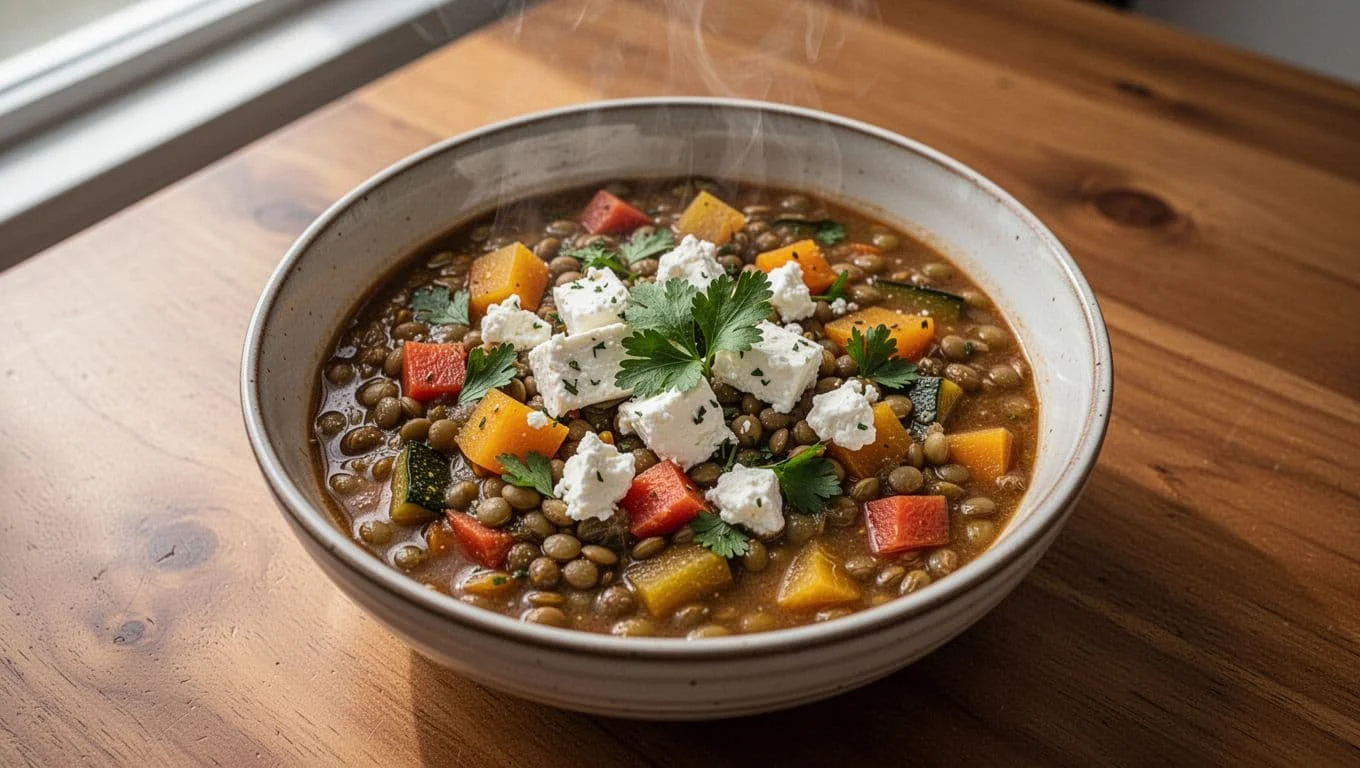 Εύκολες Νηστίσιμες Συνταγές Πρωτεΐνης για Καθημερινή Γράμμωση 1 Close-up top view of a plate of Greek-style lentil stew with vegetables and herbs on a wooden table, a high-protein vegan meal ideal for fasting, captured in natural daylight with realistic food photography.