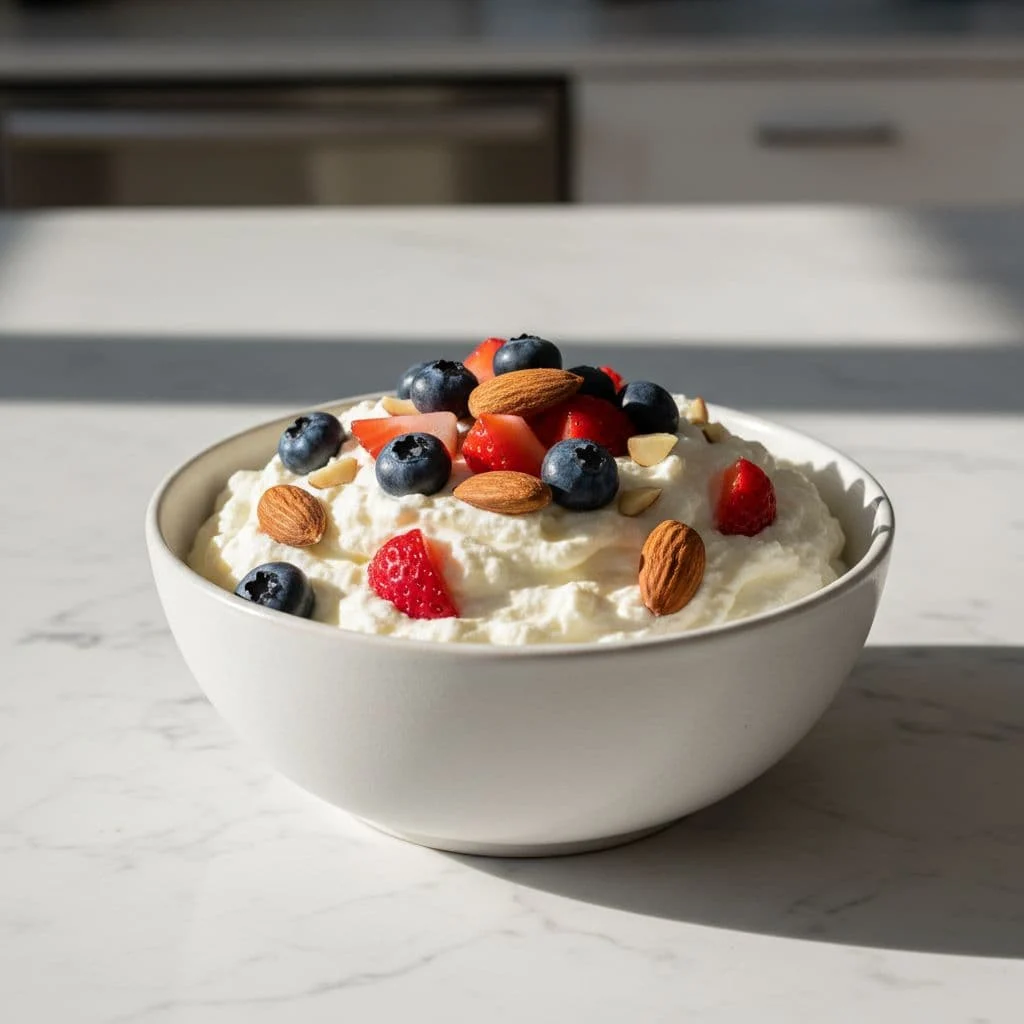Γιαούρτι με isolate πρωτεΐνη για γράμμωση και meal prep 1 Bowl of thick Greek yogurt mixed with protein powder, topped with blueberries, strawberries, and almonds on white marble.