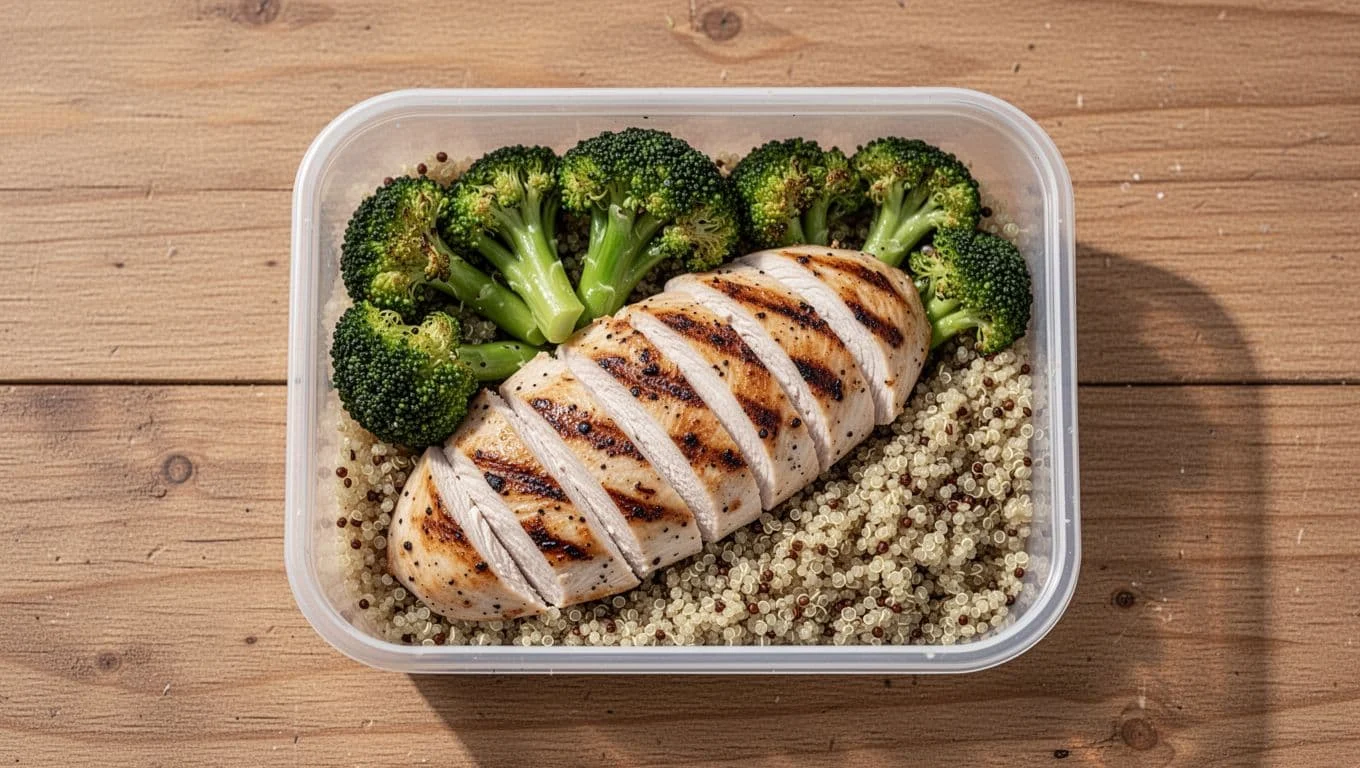 Τα 12 Καλύτερα High-Protein Τρόφιμα από Σούπερ Μάρκετ 1 Top view of fresh grilled chicken breast slices with steamed broccoli and quinoa in a single meal prep container on a wooden table, captured in realistic food photography style with natural daylight and high detail.
