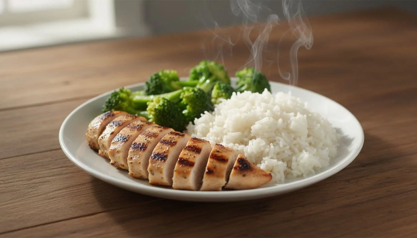 Γεύμα Μετά την Προπόνηση: Πώς να Αποκαταστήσεις Γρήγορα τους Μύες Σου 1 Neatly portioned plate of sliced grilled chicken breast, steamed broccoli florets, and fluffy white rice on a white ceramic plate, on wooden table with subtle steam and natural daylight lighting. Appetizing close-up food photography with highly detailed textures and vibrant colors.