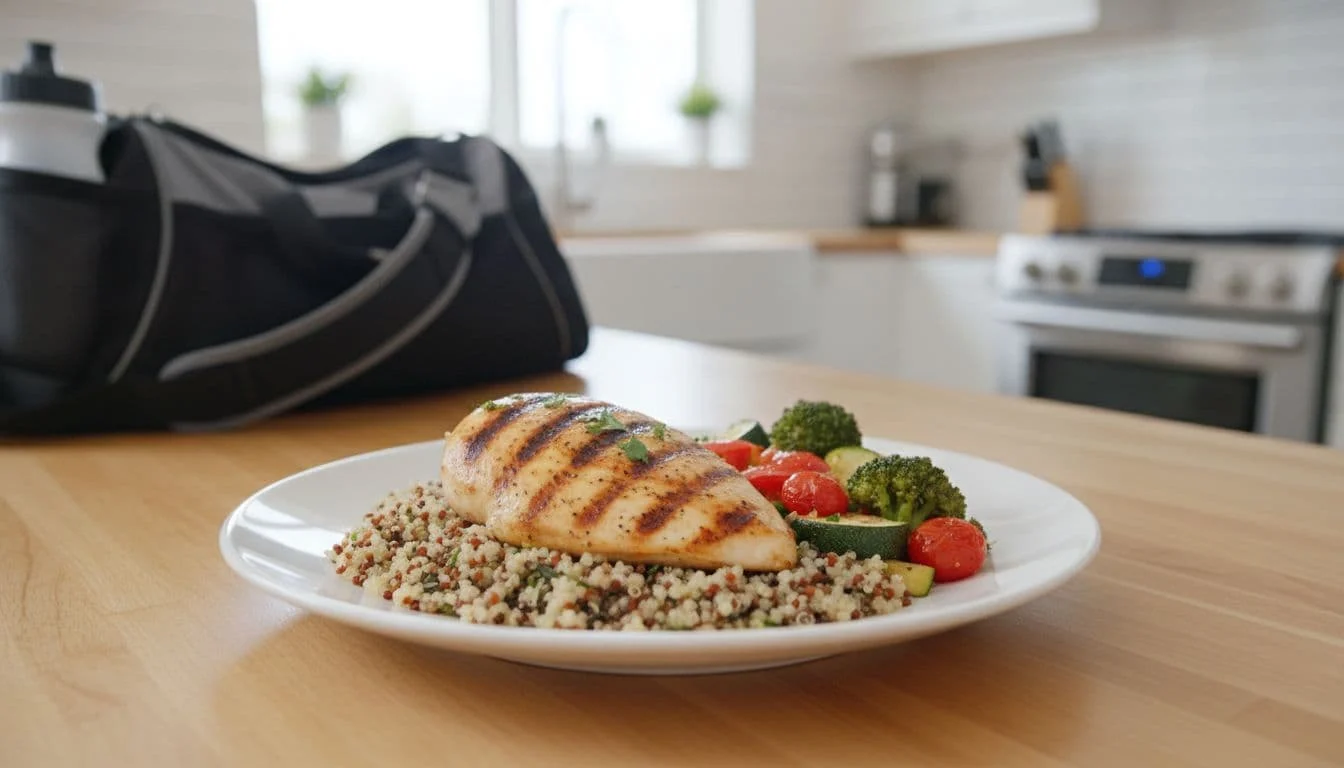 Υδατάνθρακες Πριν το Γυμναστήριο: Ο Σωστός Τρόπος για Καλύτερη Απόδοση 2 Fresh grilled chicken breast with quinoa and vegetables on a plate in a bright kitchen, gym bag in the background, close-up appetizing food photography with soft lighting.