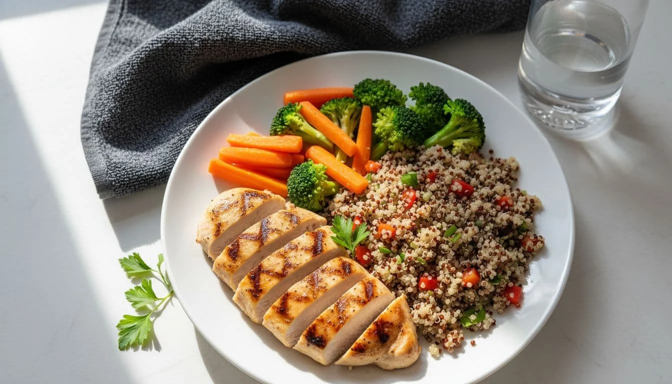 Φαγητό Πριν την Προπόνηση με Βάρη: Πρακτικές Ιδέες για Ενέργεια και Δύναμη 2 Plate of grilled chicken breast with quinoa and mixed vegetables like broccoli and carrots, fresh healthy pre-workout meal arranged neatly on a white plate, gym towel and water bottle in background, natural window light, top-down composition.