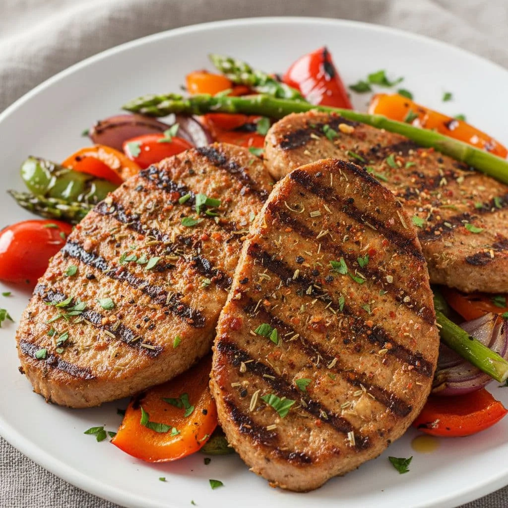 Εύκολες Νηστίσιμες Συνταγές Πρωτεΐνης για Καθημερινή Γράμμωση 4 Seitan slices grilled with spices and vegetables on a plate, featuring a meat-like texture as a high-protein vegan alternative for Lent. Close-up appetizing photo with savory appearance on neutral background.