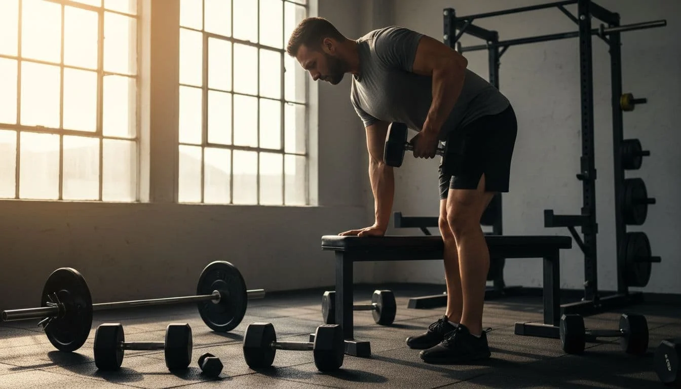 Fit κέικ πορτοκαλιού χωρίς ζάχαρη με whey και βρώμη 3 Side view of one athlete performing full body exercise with weights and barbells on gym floor.