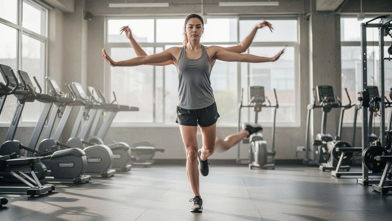 3ήμερο Πρόγραμμα Γυμναστηρίου: Full Body και Push Pull Legs για Αποτελέσματα 2 A single person performs dynamic arm circles and leg swings as a pre-workout mobility warm-up in a bright gym with soft lighting and realistic style.