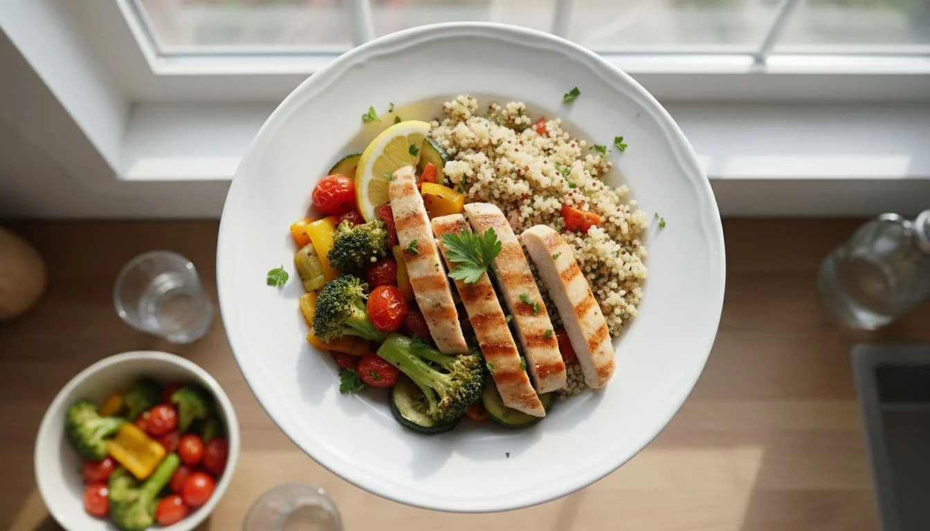 Πρωτεϊνικά Γεύματα για Διαβητικούς Αρχάριους: Διατροφή και Προπόνηση 2 Έτοιμο υγιεινό πρωτεϊνικό γεύμα με κοτόπουλο, λαχανικά και quinoa σε πιάτο, κοντινό πλάνο από πάνω σε φωτεινή κουζίνα με φυσικό φως.