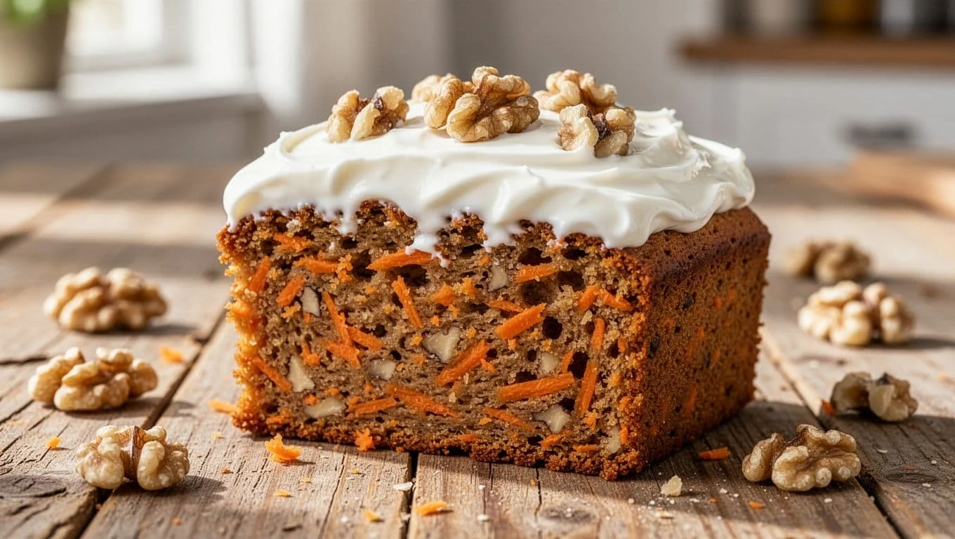 Κέικ καρότου χωρίς ζάχαρη: εύκολη συνταγή με υψηλή πρωτεΐνη 1 Moist slice of carrot cake with grated carrots, walnuts, and Greek yogurt frosting on rustic wooden table.