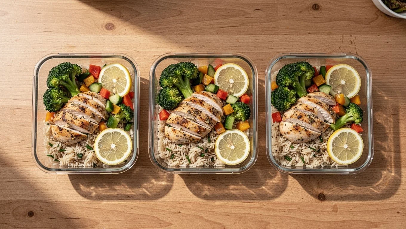 Ασκήσεις Γυμναστηρίου για Αρχάριους: Οδηγός Προπόνησης και Διατροφής 3 Top-down view of three meal prep containers on a wooden kitchen table filled with grilled chicken breast, broccoli rice, vegetables, and lemon slices, styled appetizingly with vibrant colors and natural daylight.