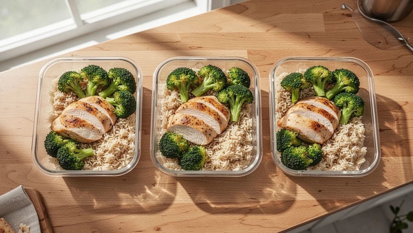 Full Body Πρόγραμμα για Αρχάριους: Προπόνηση και Διατροφή 3 Meal prep scene with three tupperware containers filled with high-protein chicken, rice, and broccoli meals, alongside fresh ingredients on a wooden table in a bright kitchen. Top-down photorealistic food photography with vibrant colors and natural window light.