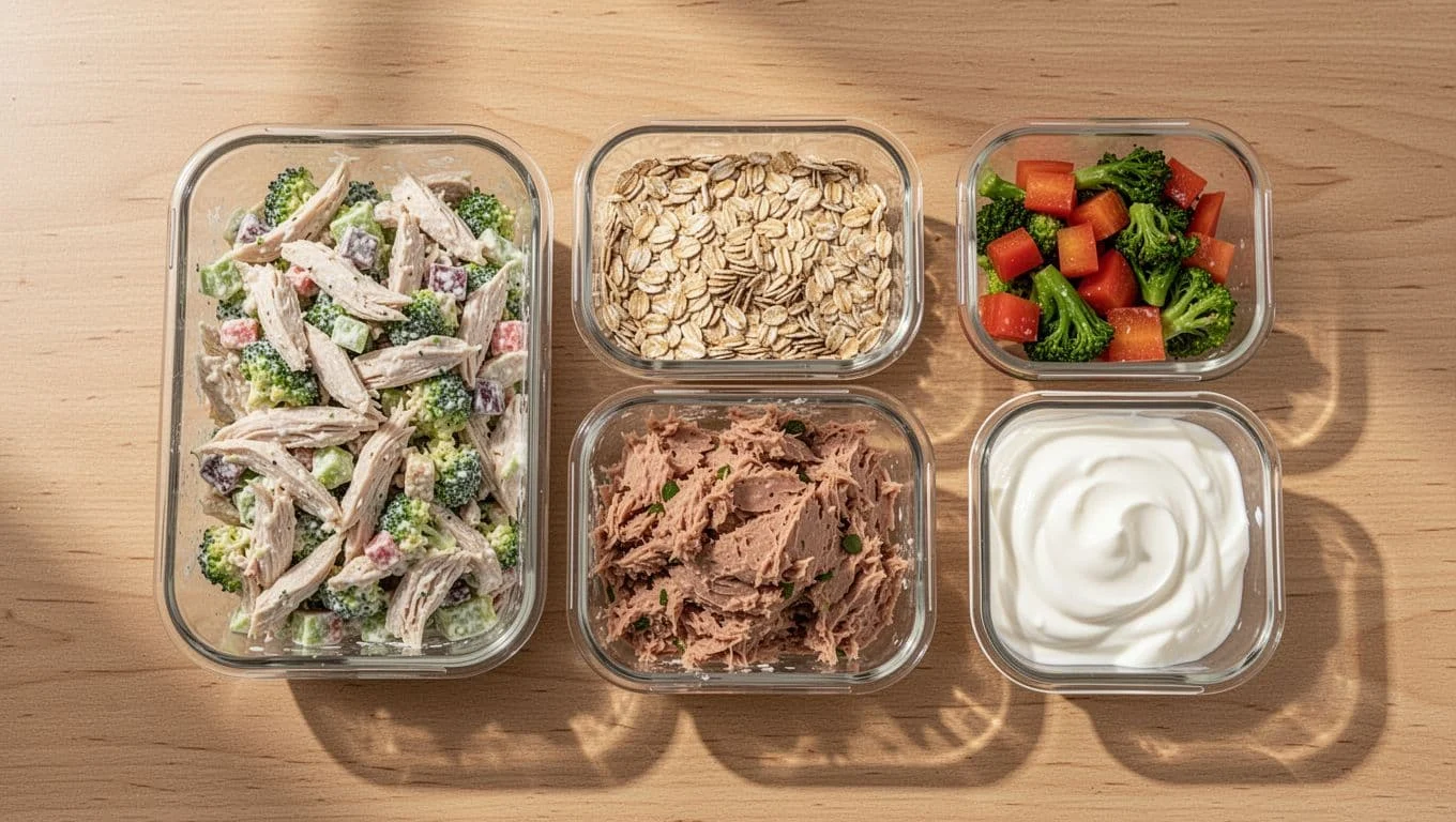 4ήμερο Πρόγραμμα Γυμναστηρίου για Αρχάριους: Προπόνηση και Διατροφή 3 Close-up top-down view of fresh meal prep containers with high-protein chicken salad, oats, tuna, and Greek yogurt on a kitchen table, illuminated by bright natural light in an appetizing food photography style.