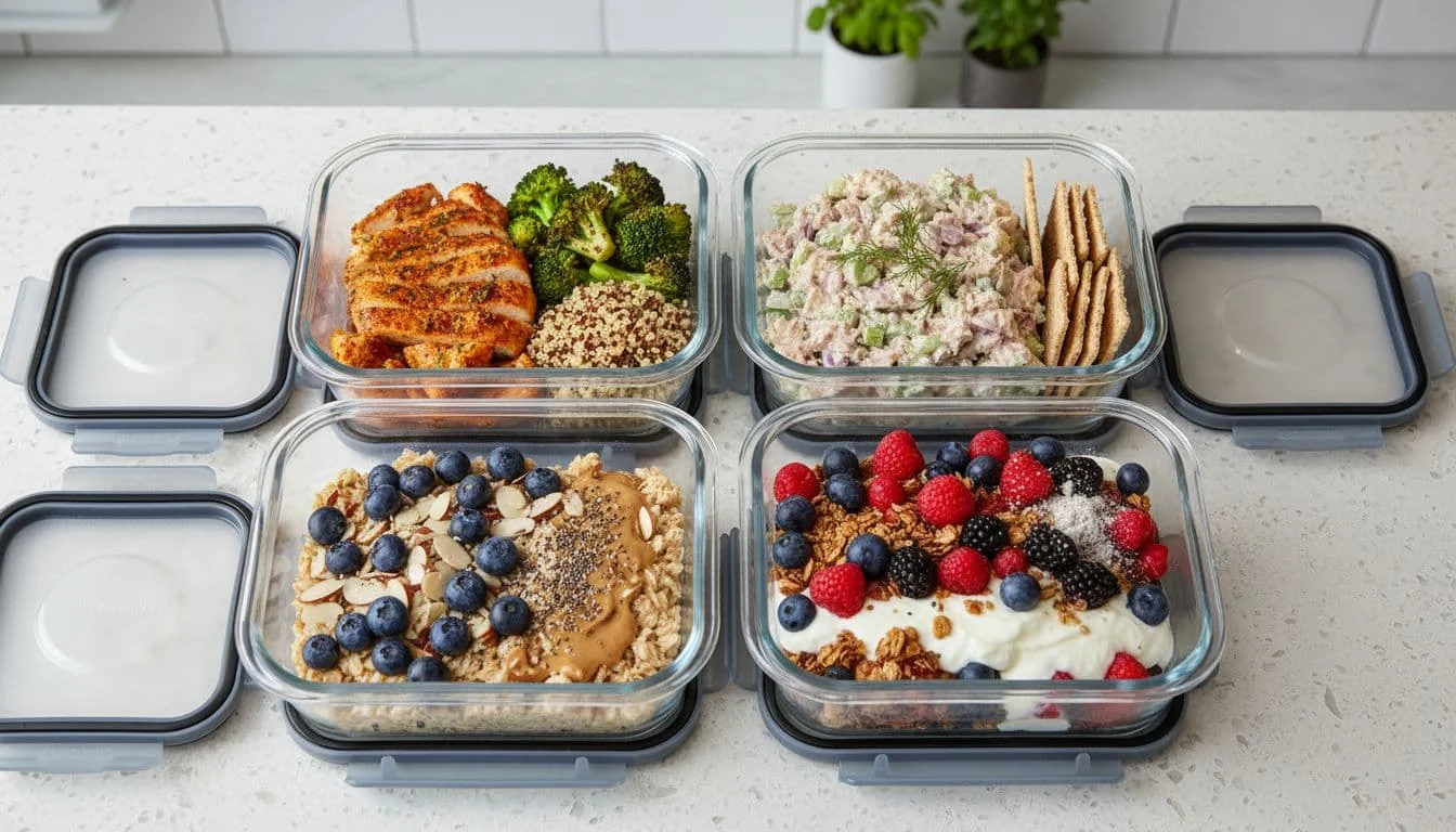 Fit κέικ πορτοκαλιού χωρίς ζάχαρη με whey και βρώμη 2 Four containers on kitchen counter with chicken meal, tuna salad, oat bowl, and yogurt parfait, top view.