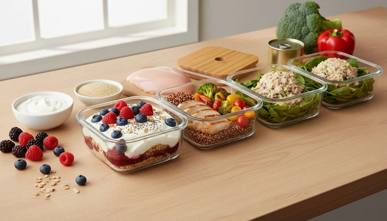 Γιαούρτι με isolate πρωτεΐνη για γράμμωση και meal prep 2 Three glass containers on wooden counter: yogurt berry parfait, chicken quinoa veggies, tuna greens salad.