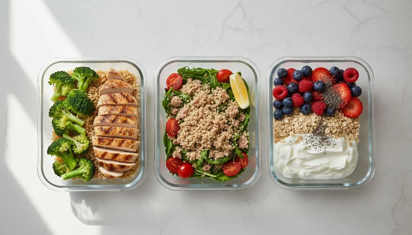 Ozempic Weight Loss: Πώς να χάσεις λίπος χωρίς να χάσεις μυς 1 Three transparent meal prep containers on a kitchen counter featuring grilled chicken with broccoli and brown rice, tuna with greens quinoa and tomatoes, and Greek yogurt parfait with oats berries and chia seeds, top-down view in natural light.