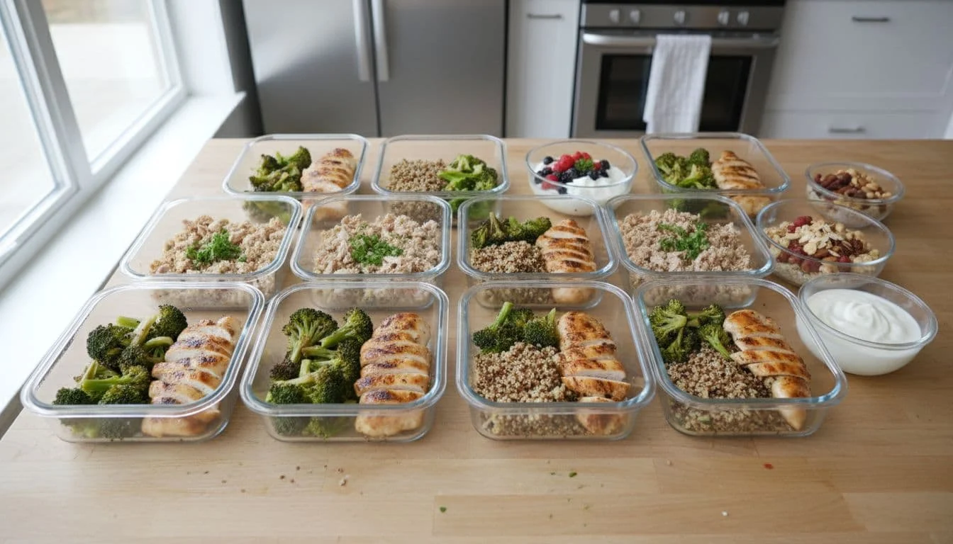 Πρόγραμμα Γυμναστηρίου για Αρχάριους: Full Body και Διατροφή 2026 2 Meal prep containers filled with high-protein foods like chicken, tuna, oats, and yogurt, organized on a kitchen counter in a top-down realistic food photography style with bright natural light.