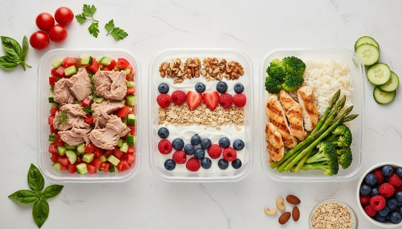 Γεύμα Μετά την Προπόνηση: Πώς να Αποκαταστήσεις Γρήγορα τους Μύες Σου 2 Top-down view of three transparent plastic meal prep containers on a kitchen counter: tuna chunks with tomatoes, cucumber and herbs; layered yogurt parfait with oats, berries and nuts; grilled chicken strips with rice and green veggies, surrounded by fresh ingredients, vibrant and appetizing.