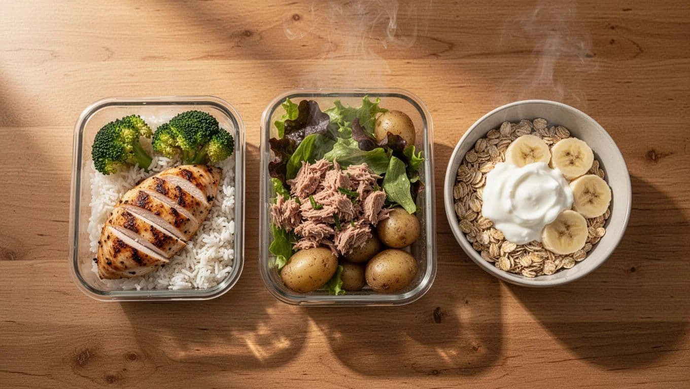 Πρόγραμμα Γυμναστηρίου για Αρχάριους: Full Body και Πρακτική Διατροφή 3 Top-down view of three prepared high-protein meal prep containers on a wooden kitchen table: grilled chicken breast with rice and broccoli, tuna salad with greens and potatoes, and oats yogurt banana bowl, featuring fresh colorful appetizing food with slight steam in natural morning light.