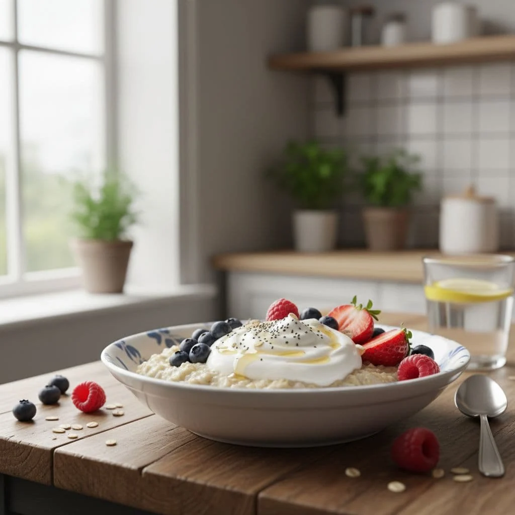 Πρωτεϊνικά Γεύματα για Διαβητικούς Αρχάριους: Διατροφή και Προπόνηση 1 Ρεαλιστική εικόνα πρωινού σε μπολ με βρώμη, γιαούρτι πρωτεΐνης και φρούτα χαμηλού γλυκαιμικού δείκτη όπως μούρα, σε τραπέζι κουζίνας με φωτεινό περιβάλλον, χωρίς κείμενο, χέρια ή άτομα.