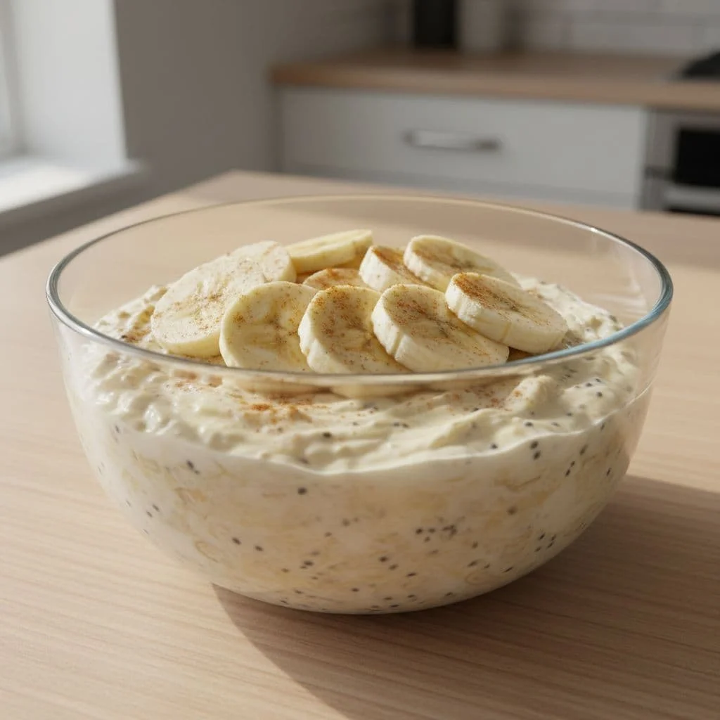 Φαγητό Πριν την Προπόνηση με Βάρη: Πρακτικές Ιδέες για Ενέργεια και Δύναμη 1 Bowl of overnight oats mixed with protein yogurt, topped with fresh banana slices and a dash of cinnamon, as a healthy pre-workout breakfast on a simple kitchen counter in soft natural morning light.