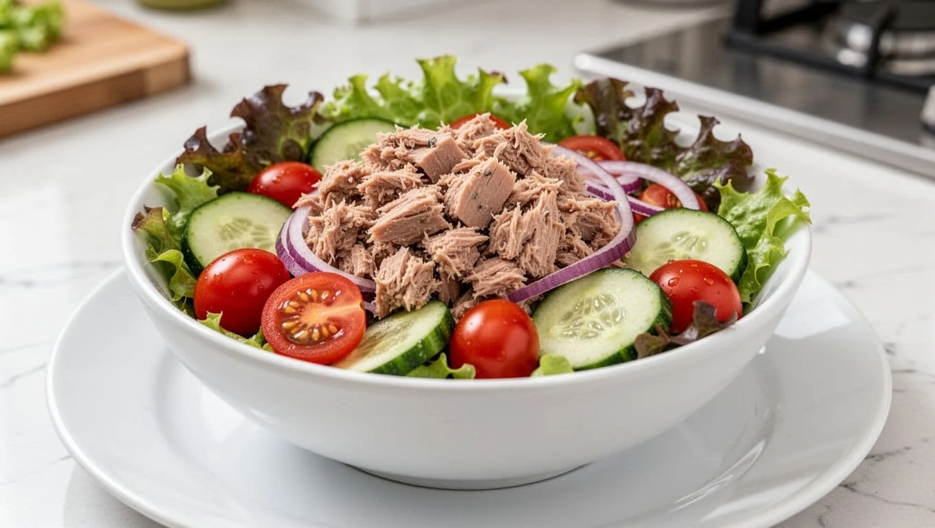 Τα 12 Καλύτερα High-Protein Τρόφιμα από Σούπερ Μάρκετ 2 Side view of a single tuna salad bowl with canned tuna chunks, cherry tomatoes, cucumber slices, red onion, and mixed greens lightly dressed on a white plate in a bright kitchen setting, vibrant and appetizing.