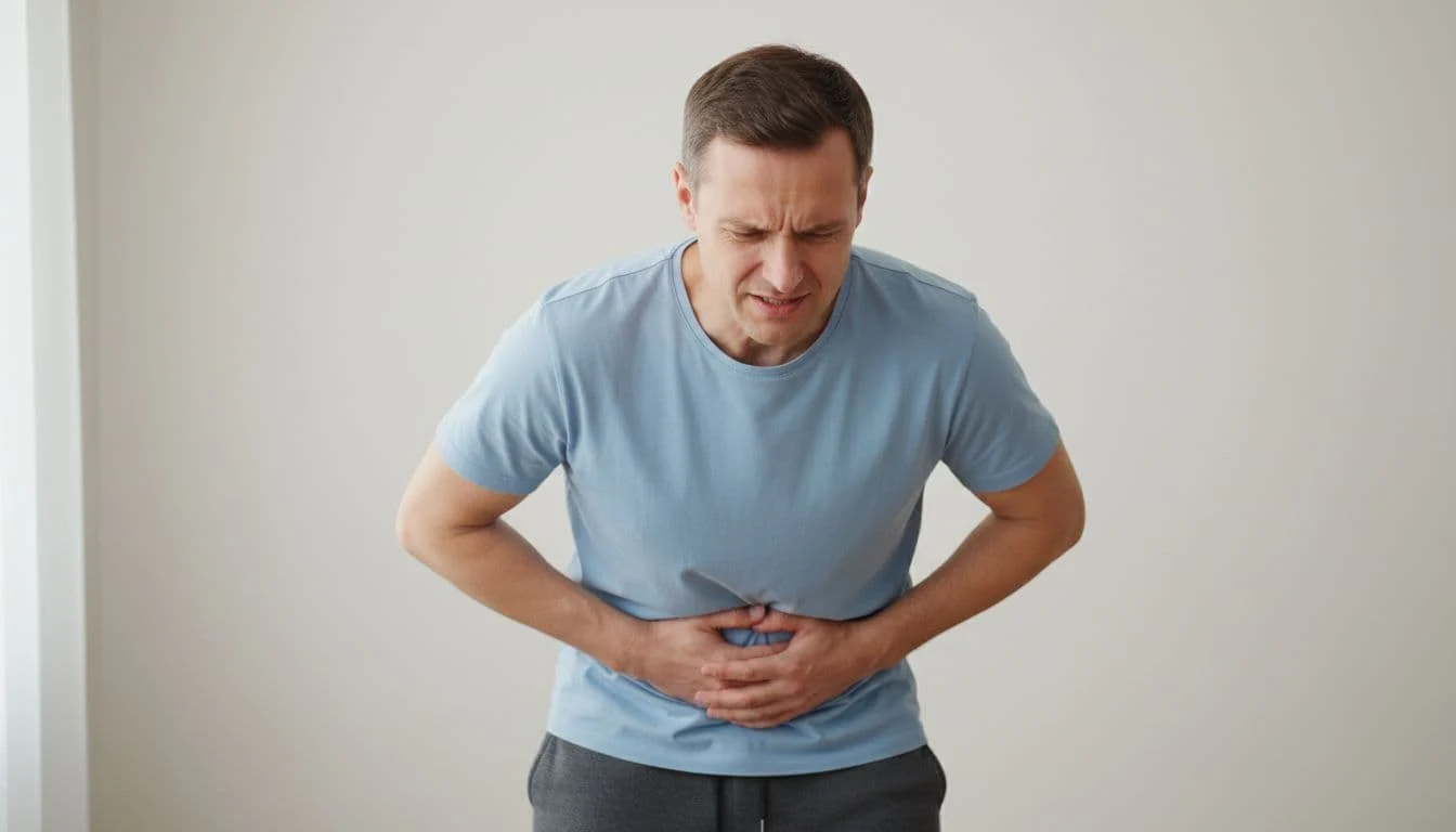 Mounjaro παρενέργειες: τι να περιμένεις και πώς να προσαρμόσεις διατροφή και προπόνηση 1 A man clutches his stomach showing nausea or pain from Mounjaro medication side effects, realistic style on simple background with natural light.