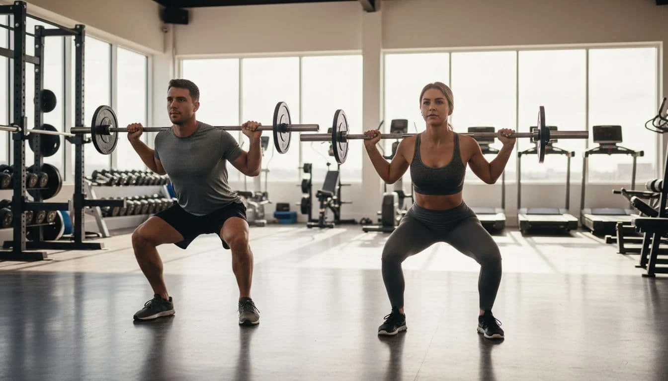 Νηστίσιμες πρωτεϊνικές συνταγές για γράμμωση και εύκολο meal prep 2 Άντρας και γυναίκα σε φωτεινό γυμναστήριο εκτελούν squat με σωστή τεχνική σε full body προπόνηση. Motivational fitness style με δύο άτομα μόνο και καθαρή σύνθεση.
