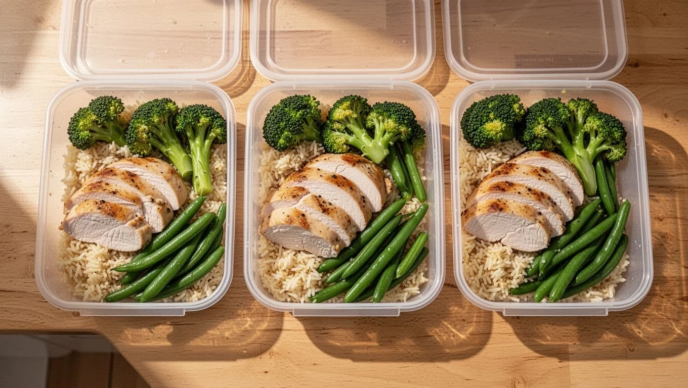 3ήμερο Πρόγραμμα Γυμναστηρίου: Full Body και Push Pull Legs για Αποτελέσματα 3 Three open plastic tupperware containers filled with grilled chicken breast, boiled rice, and steamed broccoli and green beans on a bright wooden kitchen counter, captured in a top-down photorealistic food photography style with natural daylight.