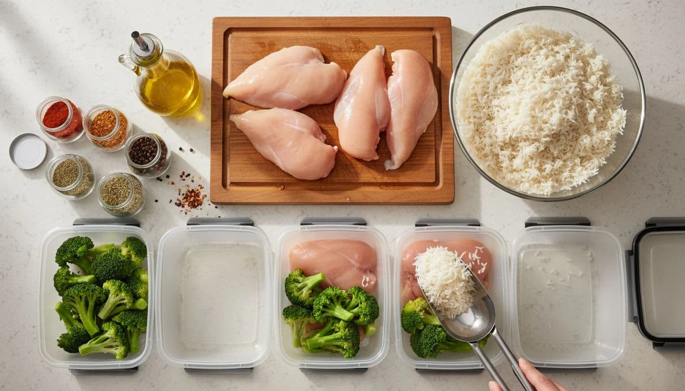 Προπόνηση Νηστικός το Πρωί: Πότε Βοηθάει και Πότε Όχι 2 Top-down composition of a clean kitchen counter featuring fresh chicken breast, cooked rice, steamed broccoli, olive oil, spices, and meal prep containers being filled in bright natural daylight, realistic appetizing food photography.