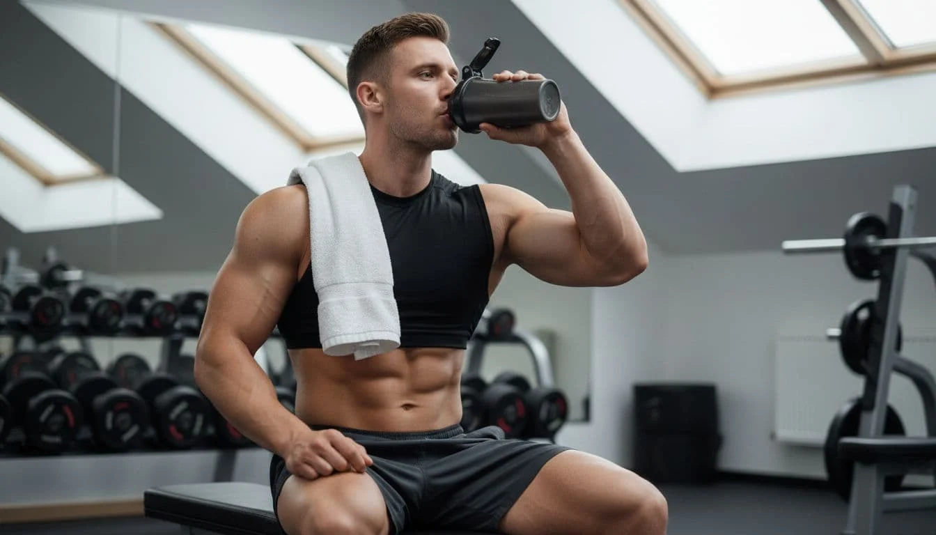 Πρωτεΐνη Μετά την Προπόνηση: Πόση και Πότε να την Πάρεις 1 A muscular man sits in the gym holding a protein shaker after weight training, towel on his shoulder. Realistic photo with natural light, solo individual, no text or logos.